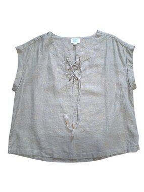Sigrid Olsen Linen Blend beige Metallic Gold Blouse Lace-Up Size M Cap Sleeve